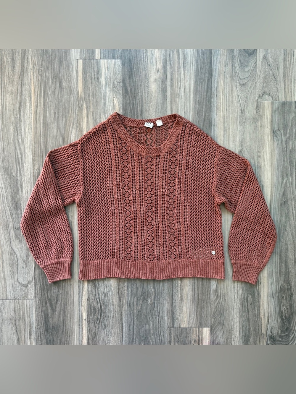 ROXY Brown Open-Weave Crewneck Sweater Size M